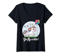 Femme Va faire voler un cerf-volant ! Cerf-volant mignon et joyeux en forme de licorne T-Shirt avec Col en V