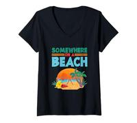 Femme Vacances à la Plage, Vacances d'été Quelque Part sur Une Plage T-Shirt avec Col en V