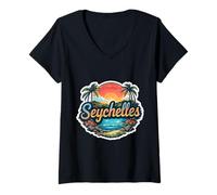 Femme Vacances d'été à la plage aux Seychelles, souvenir rétro, coucher de soleil et coucher T-Shirt avec Col en V