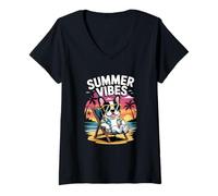 Femme Vacances D'été Amusantes Avec Un Bouledogue Français Sur La T-Shirt avec Col en V