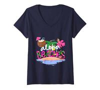 Femme Vacances hawaïennes I Aloha Hawaii I Aloha Plages I Hawaï T-Shirt avec Col en V, Bleu Marine, XXL