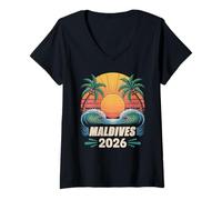 Femme Vacances Tropicales en Famille, Retraite de Lune de Miel aux Maldives 2026 T-Shirt avec Col en V