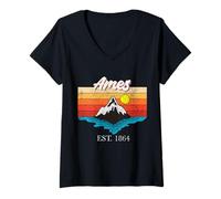 Femme Vacances Vintage au Coucher du Soleil aux États-Unis dans la Ville Natale d'Ames T-Shirt avec Col en V