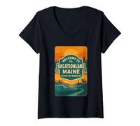 Femme Vacationland Maine Chemise Sunset Kayak Moose Lighthouse T-Shirt avec Col en V