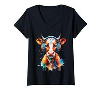 Femme Vache Cool avec Casque - Art Animalier coloré T-Shirt avec Col en V