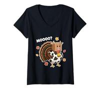 Femme Vache Dinde Feuilles d'automne drôle Moo Cow Thanksgiving Day T-Shirt avec Col en V