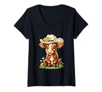 Femme Vache écossaise Mignonne Highland Bovins Vache poilue Fleurs de Printemps T-Shirt avec Col en V