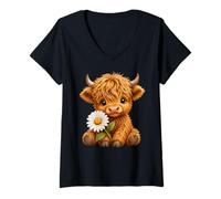 Femme Vache Highland avec Marguerite T-Shirt avec Col en V