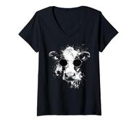 Femme Vache Portant des Nuances Splash Art Grunge T-Shirt avec Col en V