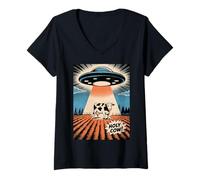 Femme Vache Sacrée Drôle Rétro Enlèvement UFO T-Shirt avec Col en V