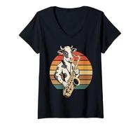 Femme Vache Vintage Jouant du Saxophone Jazz saxophoniste T-Shirt avec Col en V