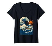 Femme Vague de l'océan Japonais avec Montagne et Lever du Soleil T-Shirt avec Col en V