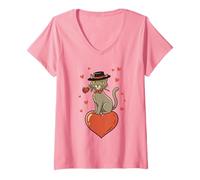 Femme Valentine Chat avec nœud Tenant des Roses Rouges Assis sur des cœurs T-Shirt avec Col en V