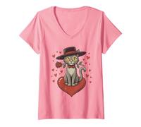 Femme Valentine Chat avec nœud Tenant des Roses Rouges Assis sur des cœurs T-Shirt avec Col en V