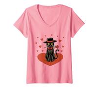 Femme Valentine Chat Noir Assis sur Un cœur avec nœud Art Romantique T-Shirt avec Col en V