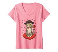 Femme Valentine Chat Noir Tenant des Roses Rouges cœurs Art Vintage T-Shirt avec Col en V
