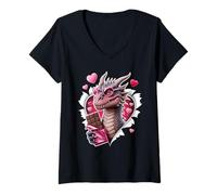 Femme Valentine Heart Dragon with Chocolate Love T-Shirt avec Col en V