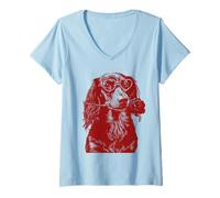 Femme Valentine Teckel avec cœur Lunettes de Soleil Wiener Dog T-Shirt avec Col en V
