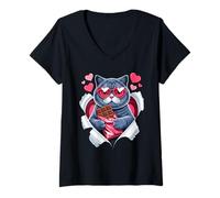 Femme Valentines Day Cute Cat with Chocolate Hearts T-Shirt avec Col en V
