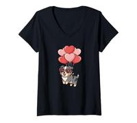 Femme Valentines Day Heart Balloons Blue Merle Australian Shepherd T-Shirt avec Col en V