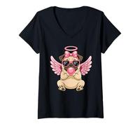 Femme Valentine's Day Pug Cupid with Angel T-Shirt avec Col en V