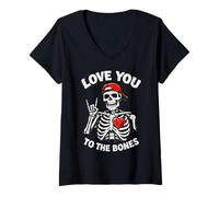 Femme Valentines Day Skeleton Rocker Love You to The Bones Rock on T-Shirt avec Col en V