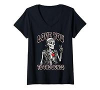 Femme Valentines Day Skeleton Rocker Love You to The Bones Rock on T-Shirt avec Col en V