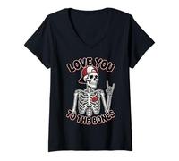 Femme Valentines Day Skeleton Rocker Love You to The Bones Rock on T-Shirt avec Col en V
