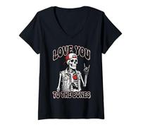 Femme Valentines Day Skeleton Rocker Love You to The Bones Rock on T-Shirt avec Col en V