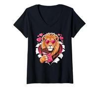 Femme Valentines Lion with Chocolate Hearts Romantic T-Shirt avec Col en V