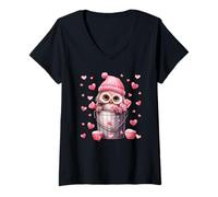 Femme Valentines Owl Graphic for Girls and Women Cute Love Hearts T-Shirt avec Col en V
