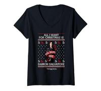 Femme Vampire Diaries All I Want for Christmas is Damon Salvatore T-Shirt avec Col en V