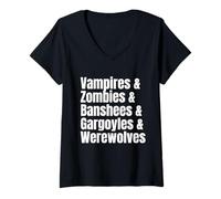 Femme Vampires Loups-Garous Zombies Banshees Gargouilles Halloween T-Shirt avec Col en V