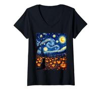 Femme Van Gogh Chat Halloween Enchanté Clair de Lune Fête Costume T-Shirt avec Col en V