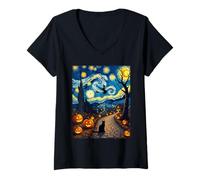 Femme Van Gogh Costume d'halloween Chat Noir et sorcière Volante T-Shirt avec Col en V