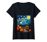 Femme Van Gogh Costume d'halloween sorcière Chat Noir T-Shirt avec Col en V