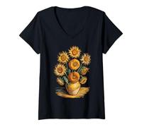 Femme Van Gogh Tournesols Art Vintage Fleurs Jaune Peinture T-Shirt avec Col en V