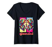 Femme Vaporwave Gemini Zodiac Twins Coloré Astrologie T-Shirt avec Col en V