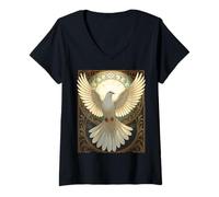 Femme Vecteur Art Nouveau Vintage Colombe Angélique T-Shirt avec Col en V