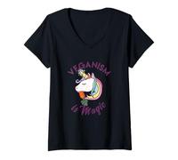 Femme Veganism is Magic - Animaux végétaliens Végétarien Peace Unicorn T-Shirt avec Col en V
