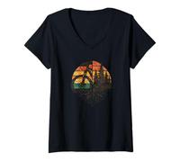 Femme Vélo Silhouette forêt Coucher de Soleil Graphique T-Shirt avec Col en V