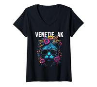 Femme Venetie Alaska Chat Portant des Lunettes de Soleil et des Fleurs T-Shirt avec Col en V