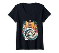Femme Venise at The Beach Planche de Surf et Palmier T-Shirt avec Col en V