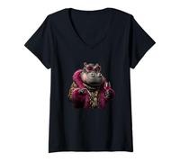 Femme Verre à vin élégant avec Motif Hippopotame T-Shirt avec Col en V