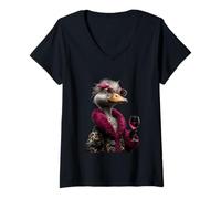 Femme Verre à vin élégant en Forme d'oiseau avec Motif Portrait d'autruche T-Shirt avec Col en V