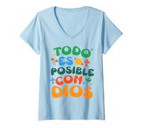 Femme Verset biblique chrétien en Espagnol Con Dios Todo ES Posible T-Shirt avec Col en V