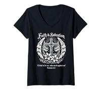 Femme Verset de la Bible chrétienne Romains 8:31 Croix Foi et Salut T-Shirt avec Col en V