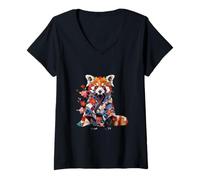 Femme Veste Kimono Cat Bear T Petits Pandas Haori Panda Rouge T-Shirt avec Col en V