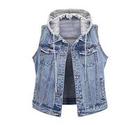Femme Veste sans Manche en Jean Capuche Casual Court Gilet Courte Denim Blouson Waistcoat Bleu Clair M