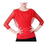 Femme Vêtements de Pratique de Danse Chemise en Maille pour Salsa et Tango Crop Top d'entraînement à Lacets Costume de Performance de Couleur Unie Rouge M